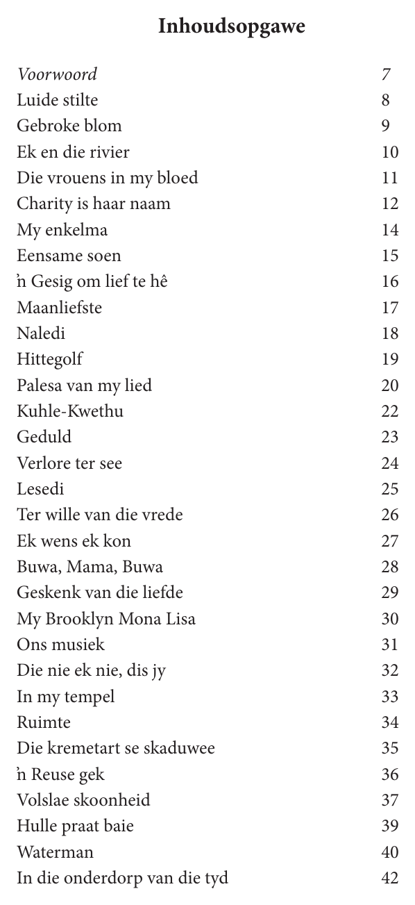 Original contents page — Blomme vir 'n Gebroke Glimlag. Exact facsimile from the authorised EPUB.