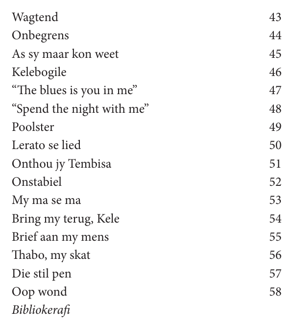 Original contents page — Blomme vir 'n Gebroke Glimlag. Exact facsimile from the authorised EPUB.