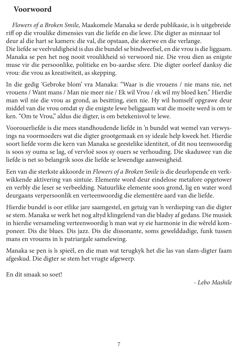 Original opening page — Blomme vir 'n Gebroke Glimlag. Exact facsimile from the authorised EPUB.