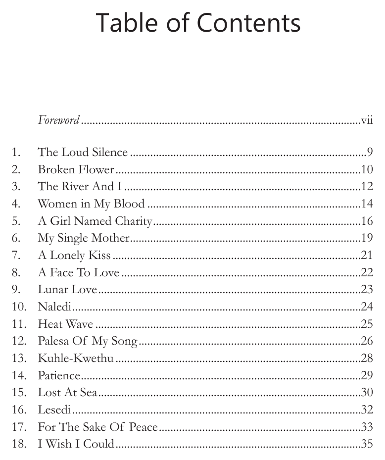 Original contents page — Flowers Of A Broken Smile. Exact facsimile from the authorised EPUB.