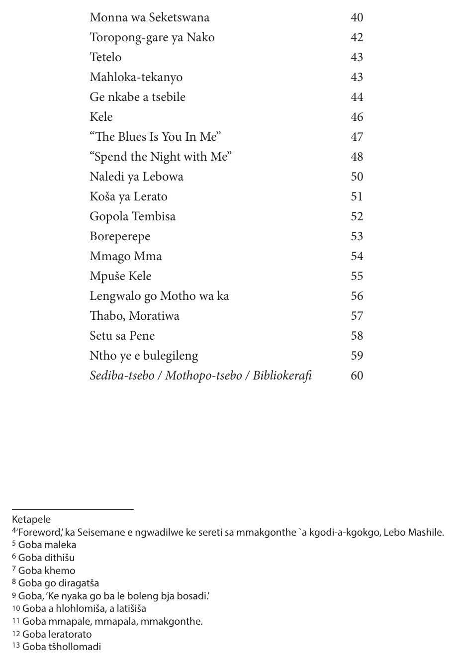 Original contents page — Matšoba a Myemelo ye e Robegileng. Exact facsimile from the authorised EPUB.