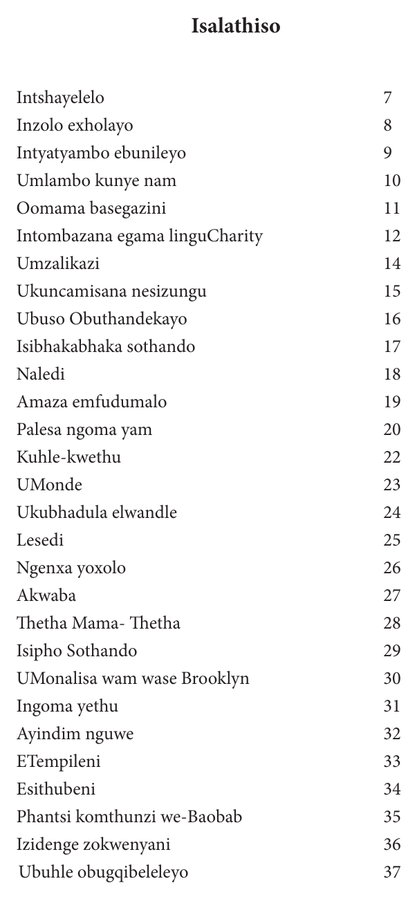 Original contents page — Uncumo Lweentyatyambo Ezibunileyo. Exact facsimile from the authorised EPUB.